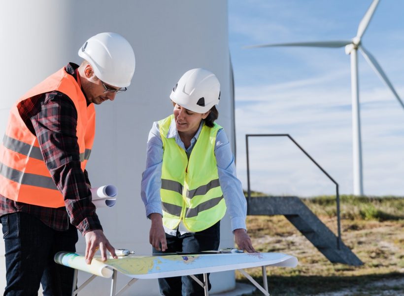 Renewable energy concept - Engineer people working at clean wind farm